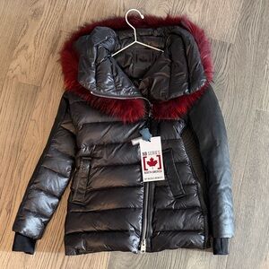 Brand New Nicole Benisti Luxurious Black Puffer Jacket with Red Fur Trim